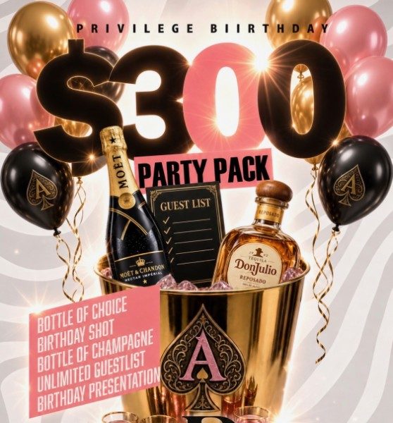 Privilege Houston flyer: $300 Birthday Party Pack. Bottle of choice, birthday shot, bottle of champagne, unlimited guestlist, and birthday presentation